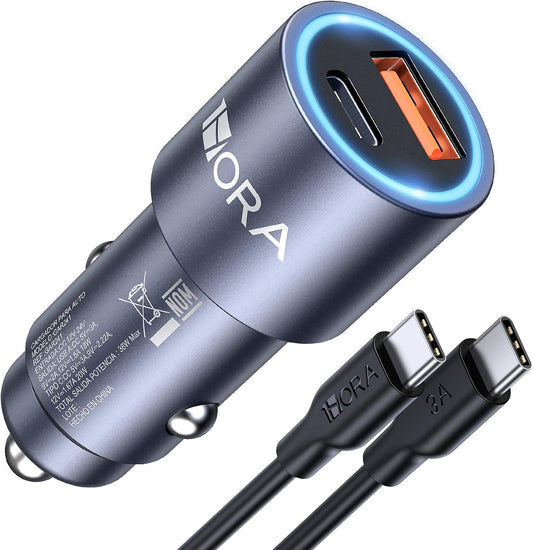 1Hora Fast Charging Auto Charger 38W, Type C PD 20W and QC 3.0 18W Car Charger with USB C to USB C 3A